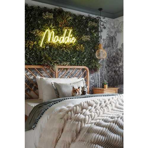 Maddie was after a jungle bedroom and wanted her name in lights. Well, who wouldn't?
Thank you, Maddie. You were such fun to work with. We loved your ideas and your creativity. Especially your hand-drawn sketches of monkeys climbing vines 🐒🌱